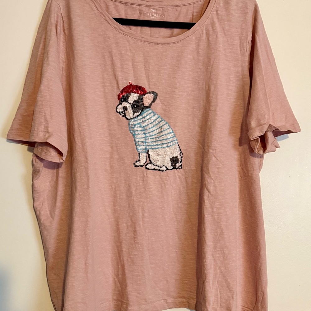 Talbots Pink Parisian Boston Terrier Sequin Tee - Picture 1 of 2
